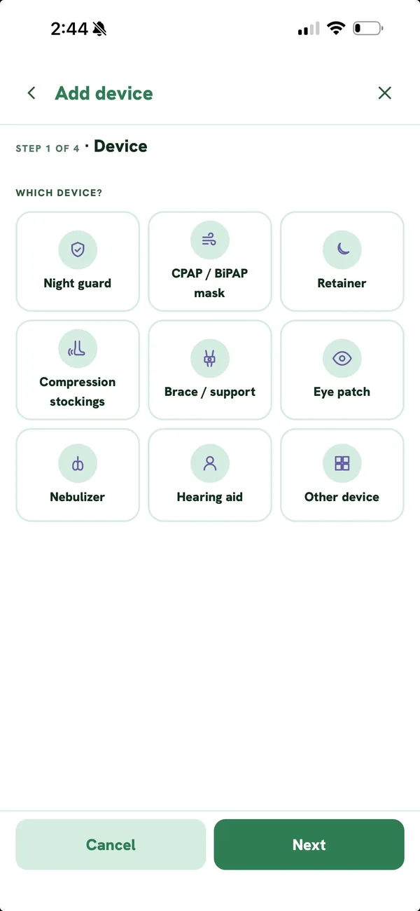 Add device screen with night guard, CPAP, retainer, stockings, brace, eye patch, nebulizer and hearing aid