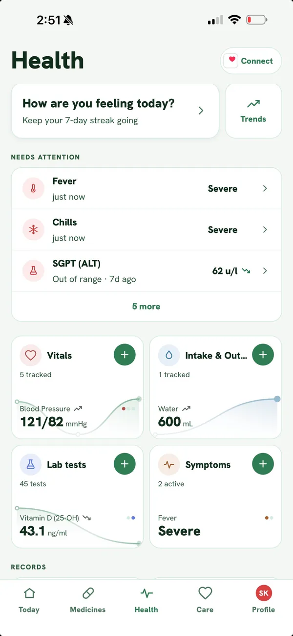 Health screen with a daily mood streak, a needs-attention list and cards for vitals, intake, lab tests and symptoms