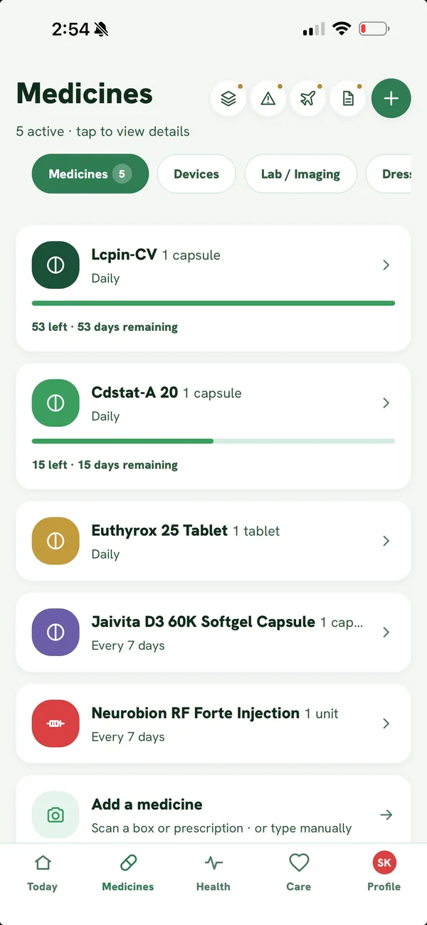 Medicines screen listing five active medicines with schedules and remaining stock