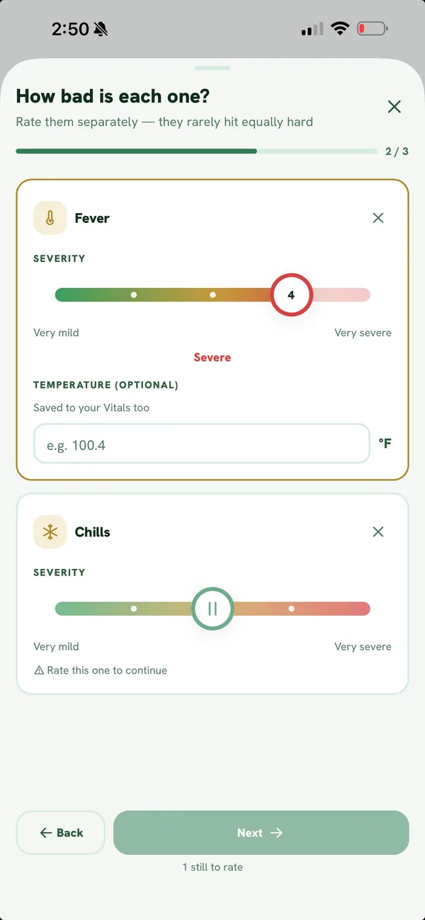 Symptom check-in with a severity slider for fever and another for chills